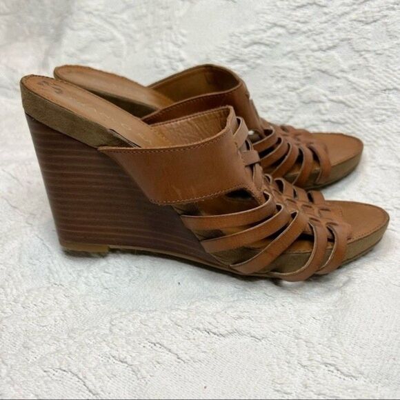 Franco Sarto Wedges Cognac Tan Leather Hillary Wedge Slide Fisherman Sandals - Picture 3 of 8